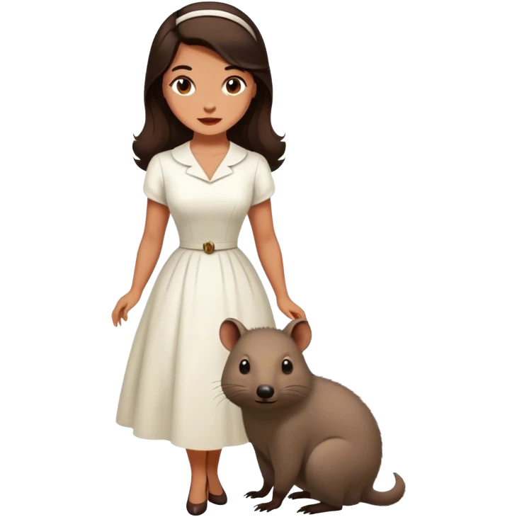 Beautiful woman in 1950’s woman fashion look, white dress, long dark brown hair, wombat emoji