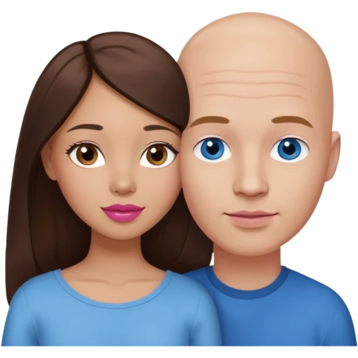Bald white man blue eyes in love with Filipina woman with long hair dark brown eyes and pink lips emoji
