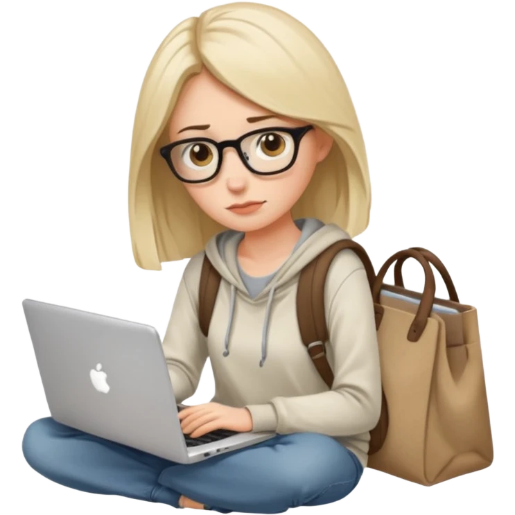 female tired blogger with a laptop, slouched posture, bags under eyes, casual clothes, coffee mug nearby emoji