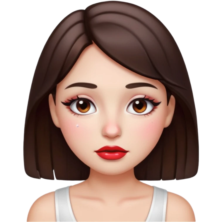 “Emoji brunette girl white top, dewy skin, heavy blush across cheeks and nose bridge, glossy cherry lips, soft eyeliner, teary sparkling eyes like hanni from new jeans emoji