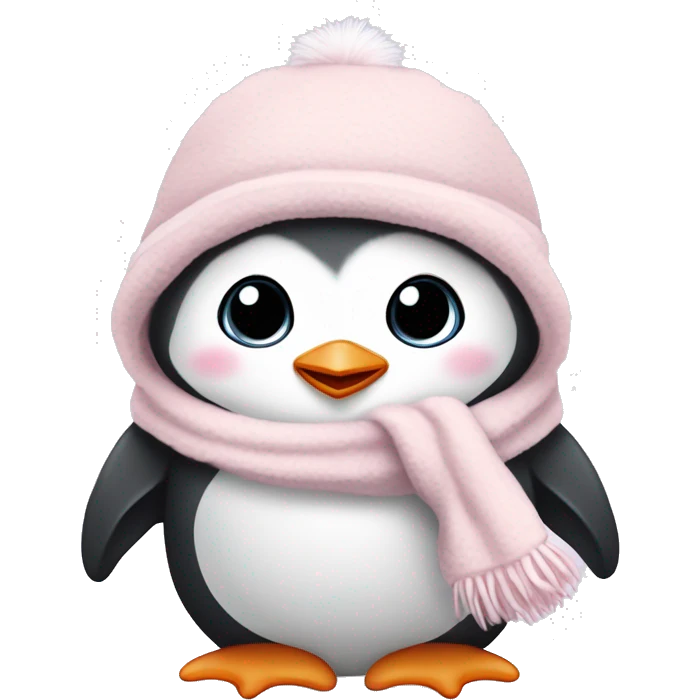 Cute Little Baby penguin, wearing a light pink winter hat, cuddled up in a fluffy white blanket emoji