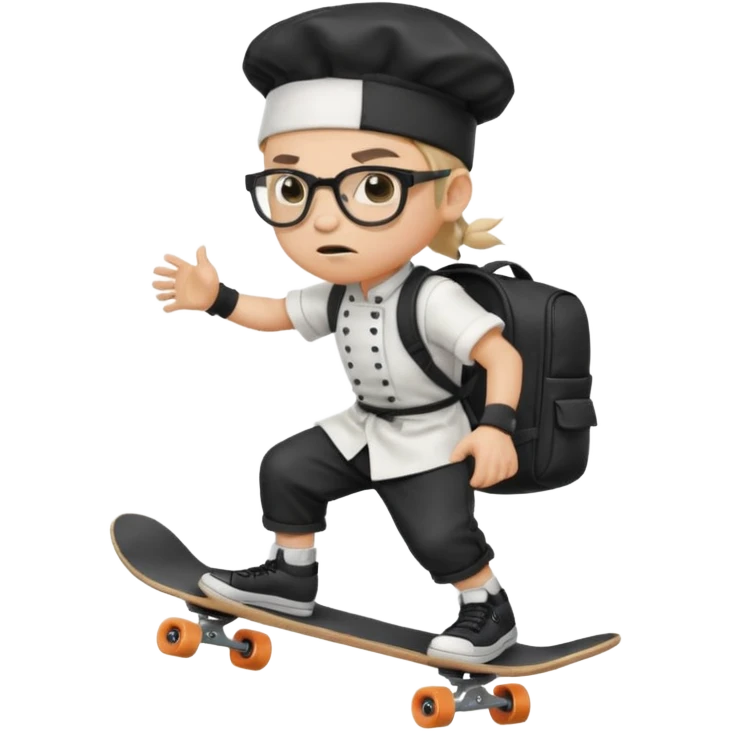 ["An angry boy with light skin, ponytail, wearing a chef hat and square glasses, dressed in goth fashion, is skateboarding while holding a backpack."] emoji