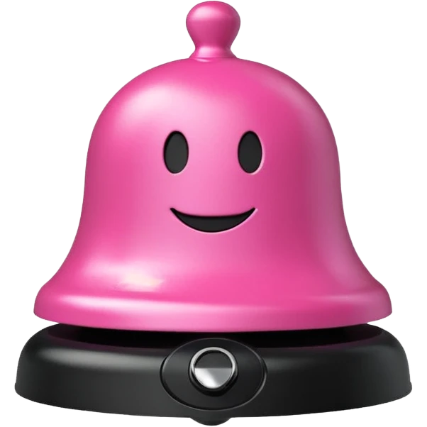 pink call bell with black base and silver push knob on top and with smiley face on it emoji