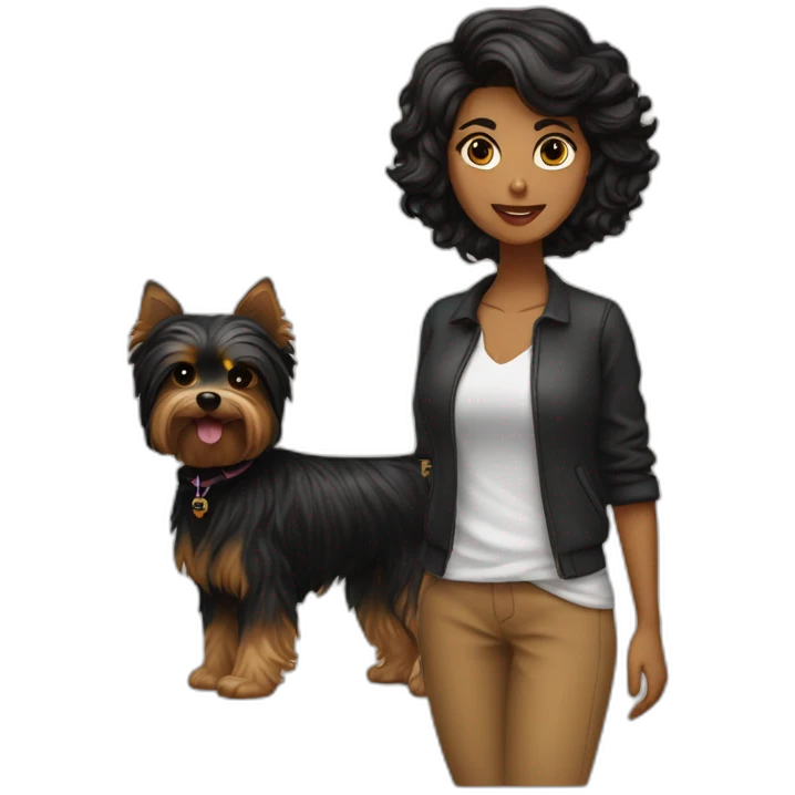 Chica morena media melena paseando con dos yorkshire terrier negros emoji