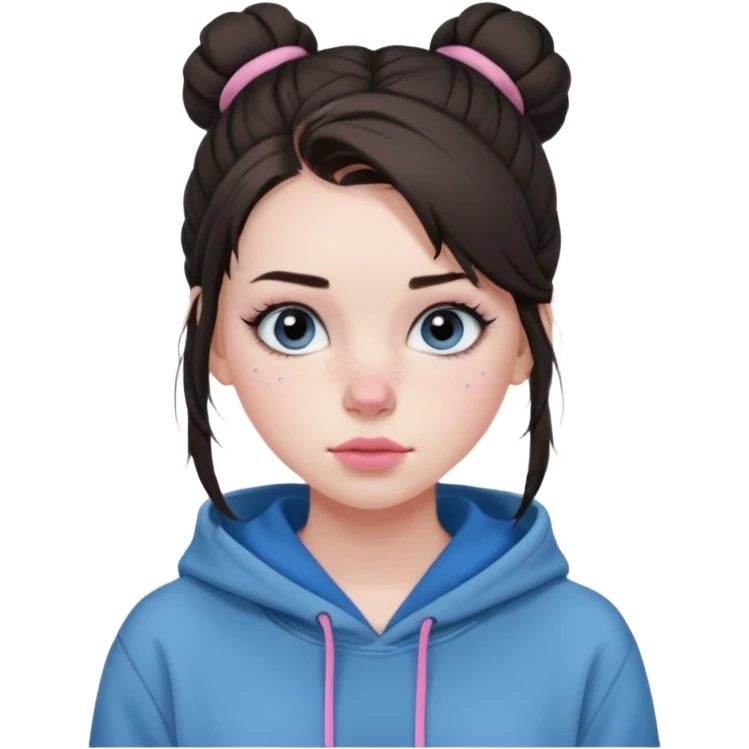 Create a teenage girl with straight brunette hair pulled into a messy bun, pale skin, light freckles, and blue-grey eyes. She will have pink lips and long black eyelashes. She will be wearing a big black hoodie. emoji