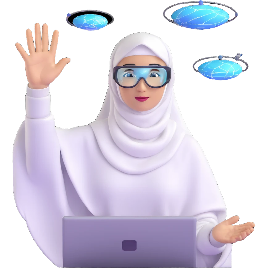 computer engineer with white hijab proudly presenting her completed metaverse creation, gesturing toward a floating holographic virtual world she built, explaining her digital architecture to audience, professional stance, AR glasses, display showing her code and virtual environment emoji