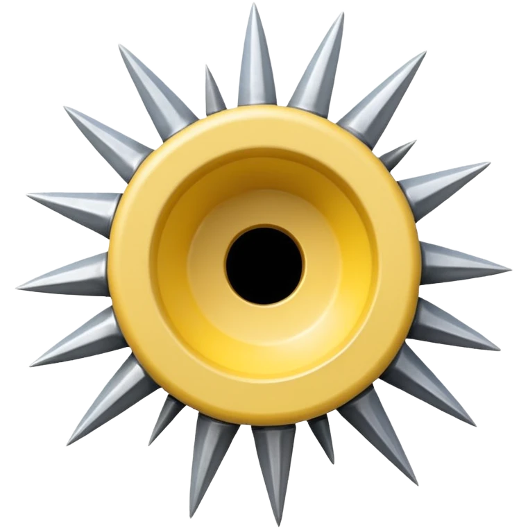 Whele with  small little sharp spikes all around and whele like joining from centre a hole at center, light yellow  like sudarshan chakra wepon emoji