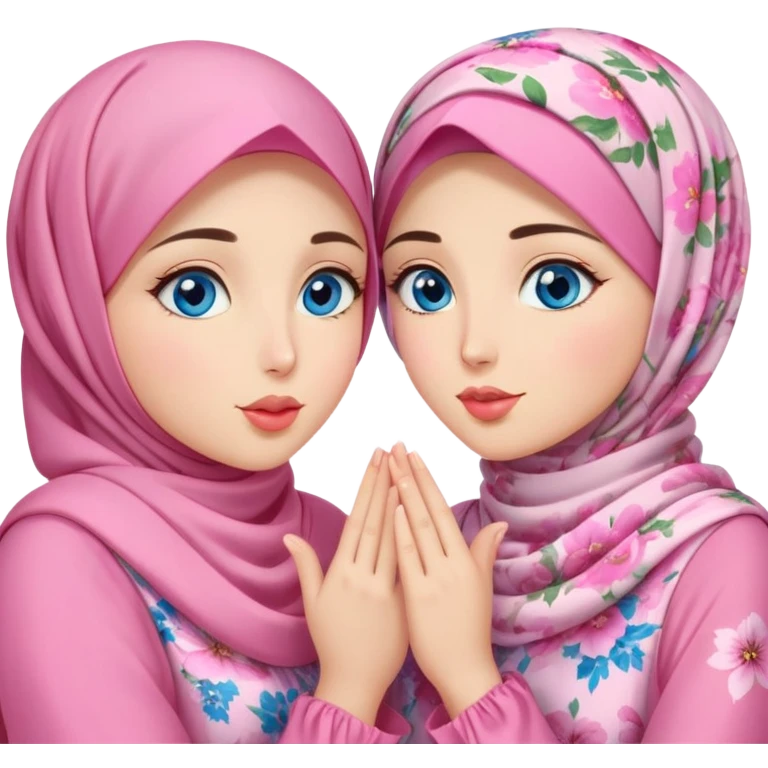Two best friends Turkish girls beautiful finish Konya blue eyes with pink floral hijab and dress and Scattering kisses outside  emoji