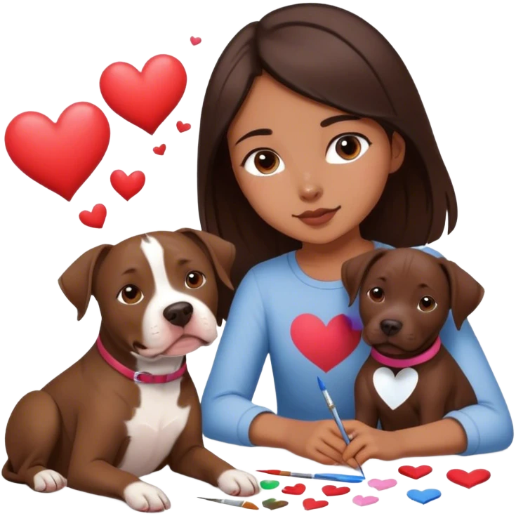 A 20 year old young girl with the dark brown hair sitting with her medium to dark brown dog, which is part maybe pitbull sitting beside of her while she paints him lovingly with hearts flying all around because she’s beautiful and she loves her dog emoji