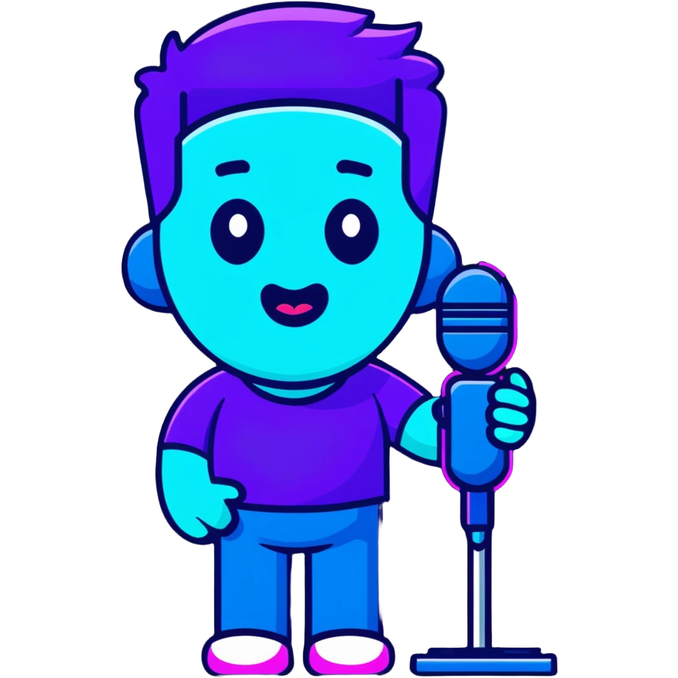 man speaking into a microphone, with neon glow effect, blue neon glow on top left, purple neon glow on bottom right emoji