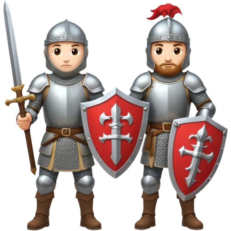 medieval soldiers 2 people, 1 with sword and shield, second with mace, prepare for battle emoji