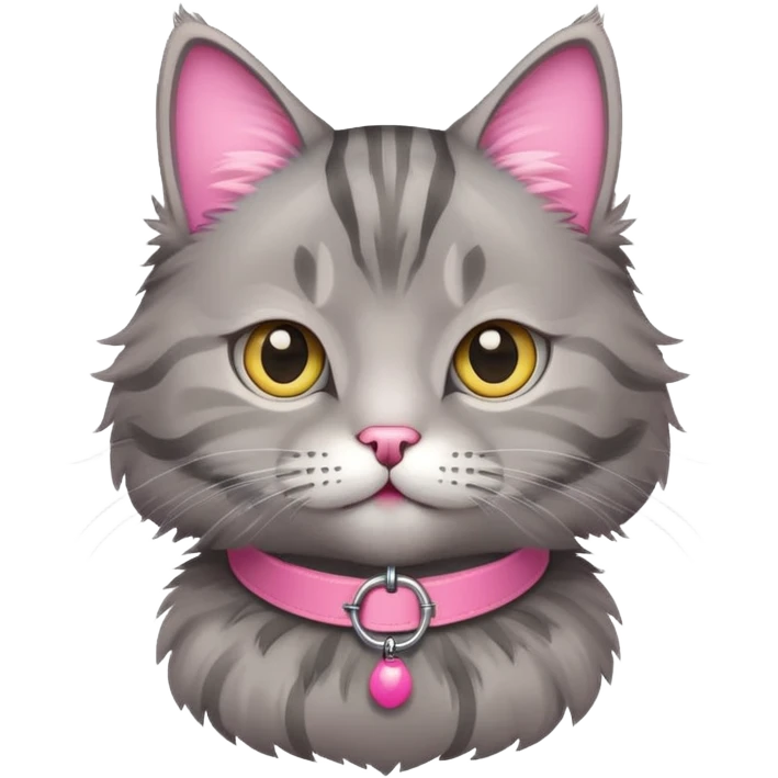 a fluffy grey tabi cat with a pink collar emoji