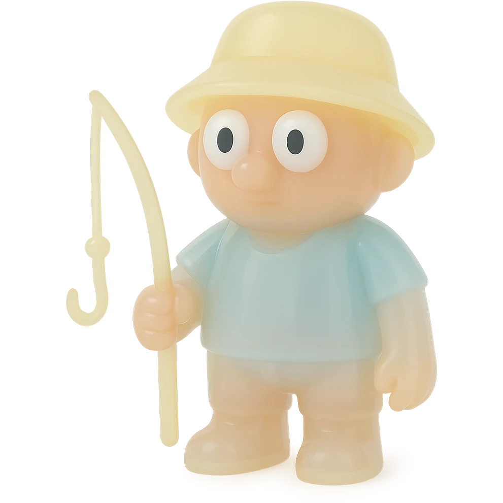full-body fisherman, retro 90's toy style, very transparent and slightly see-through, natural tan skin, blue shirt, yellow hat, large white eyeballs with small black pupils, soft plastic texture, soft reflections, soft and squishy, some cloudiness, not shiny, highly detailed, appealing, no tag, no background emoji