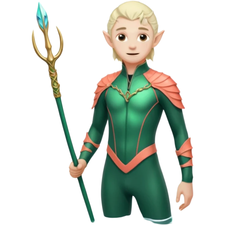 male elf in iridescent wetsuit, coral staff Gills on neck legolas emoji
