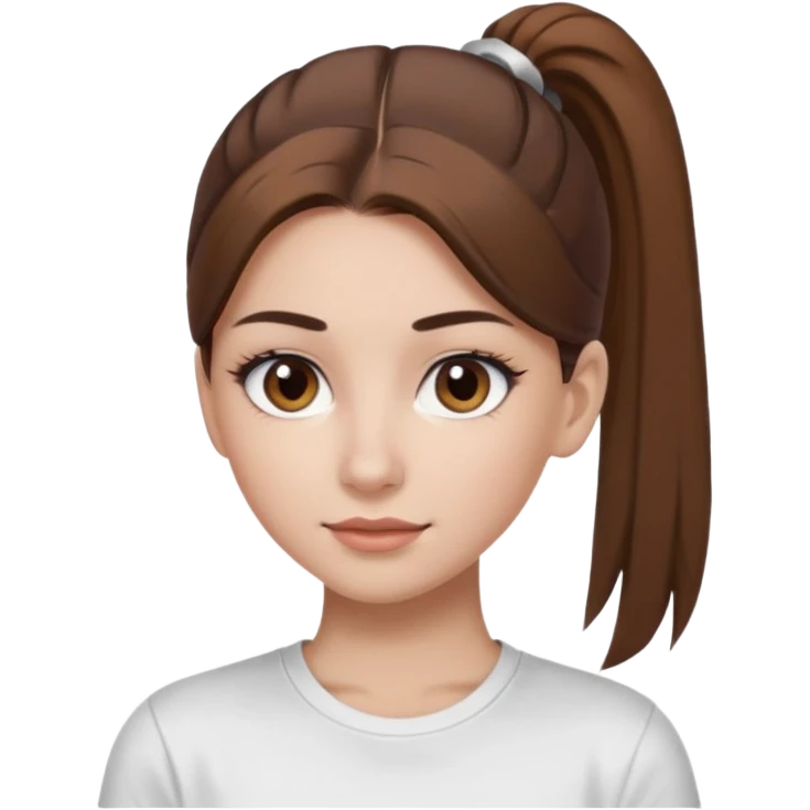Chica de pelo con una cola de clean look  y marrón con ojos color marrón  y una camiseta blanca y la piel blanca con pestañas y maquillada clean look  emoji