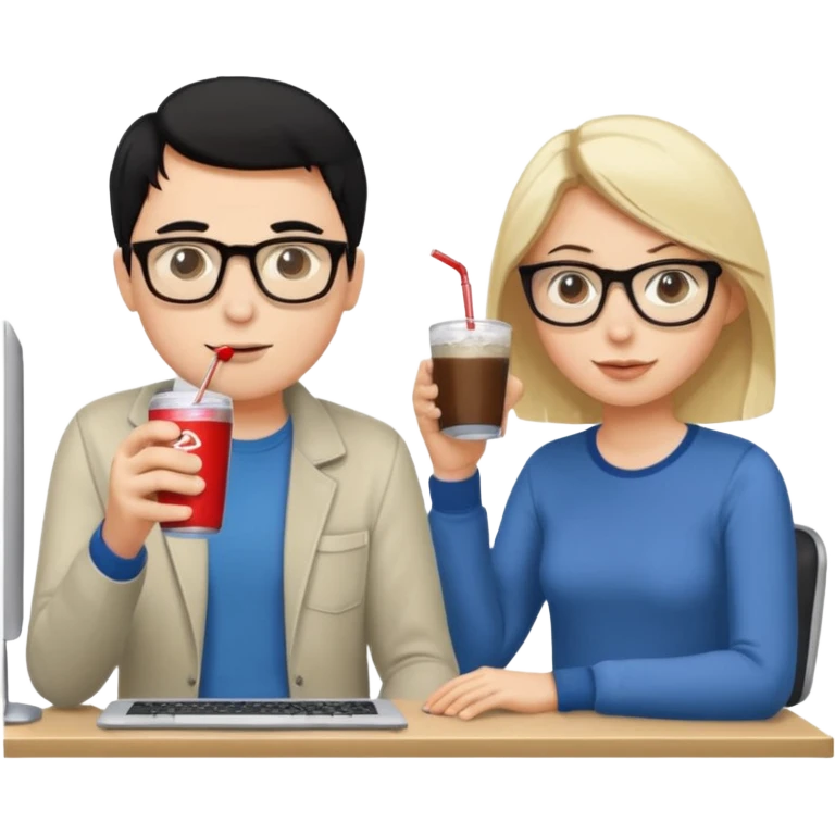 Hombre blanco con gafas, pelo negro tomando un refresco frente a un ordenador con ropa de sport, en la pantalla del ordenador una mujer rubia tomando café emoji