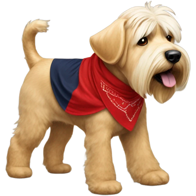 President Donald trump walking a wheaten terrier wearing a red bandana emoji