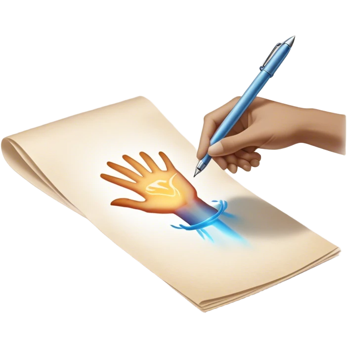 A glowing, slightly transparent hand—representing the future self—emerges from a piece of paper, offering a pen to the present self. The present self’s hand, solid and real, reaches out to take it, symbolizing the moment of choosing action over procrastination, guided by the future self’s wisdom. emoji