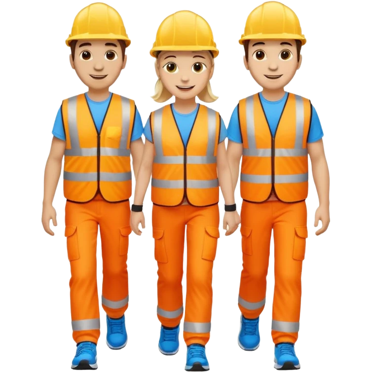 three friends walking together, each wearing a high-visibility vest, no hard hat, wearing trainers emoji