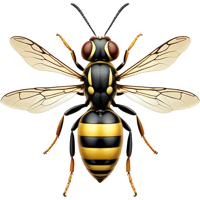Beautiful and Majestic Wasp Portrait Emoji, Head and body rendered in serene repose with a gentle, confident smile, showcasing a refined, streamlined form with delicately patterned stripes and softly closed, focused eyes, Simplified yet exquisitely endearing features, highly detailed, glowing with a soft, drowsy radiance, high shine, relaxed and utterly noble, stylized with an air of regal insect elegance, soft glowing outline, capturing the essence of a beautiful and majestic wasp that embodies the refined power of nature! emoji