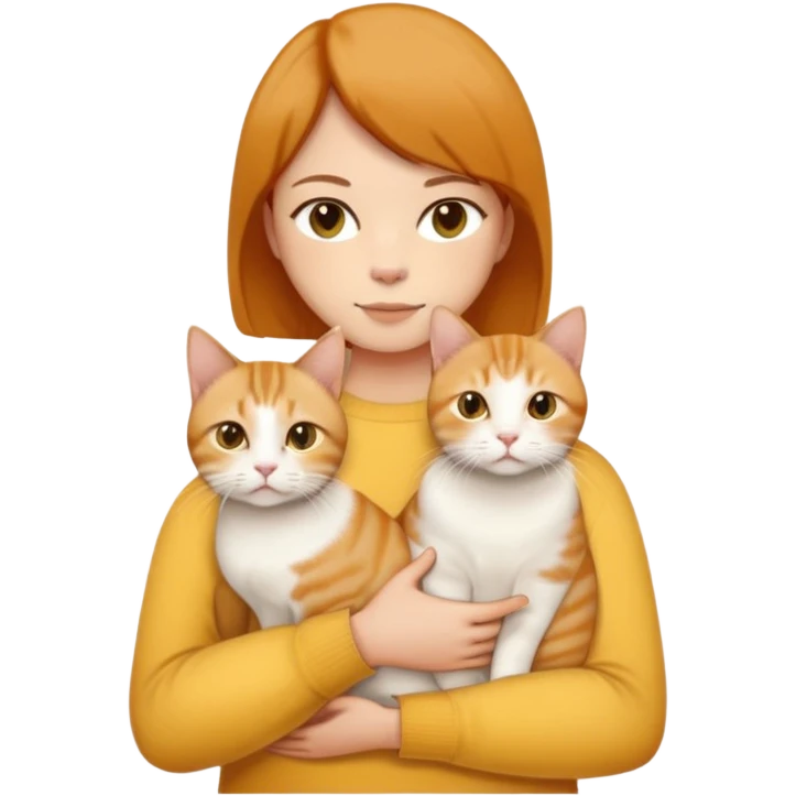 Straight short hair ear length in dark brown , skin tone honey . holding one ginger cat , one yellow white cat , one cream color cat British short hair same size  emoji