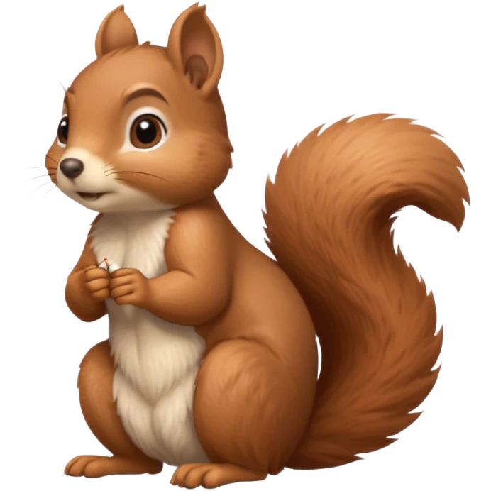 a squirrel with its paw clearly under its chin in a classic thinking pose, dreamy and thoughtful expression, eyes looking up, pensive emoji