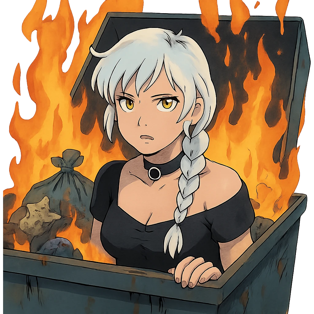 she is poking out from a garbage dumpster, fire, garbage fire, everything is on fire, a closeup portrait of young woman with gold yellow eyes, white hair, long braid, black off-shoulder top d-cup, punk gothic style, futuristic cyberwave cyberpunk, emoji