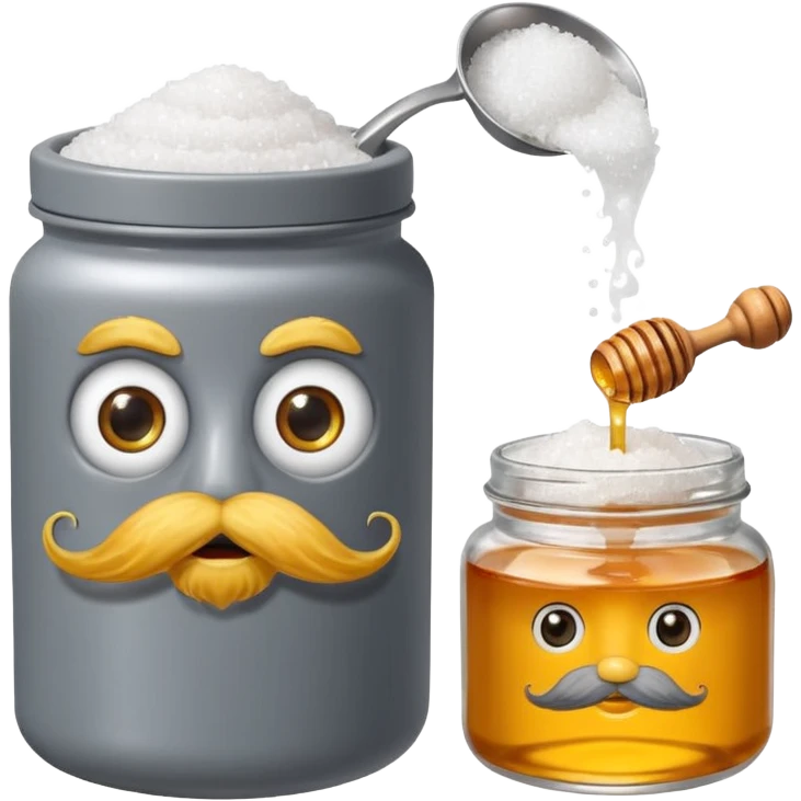 Garama and Madundung are together a gray container of salt and a honey container with a cloth on top. They each have eyes with white in the middle, a mouth, nose, and mustache both customary to their colors. They have hairy legs and emit an aura of salt (Garama), and honey (Madundung). emoji