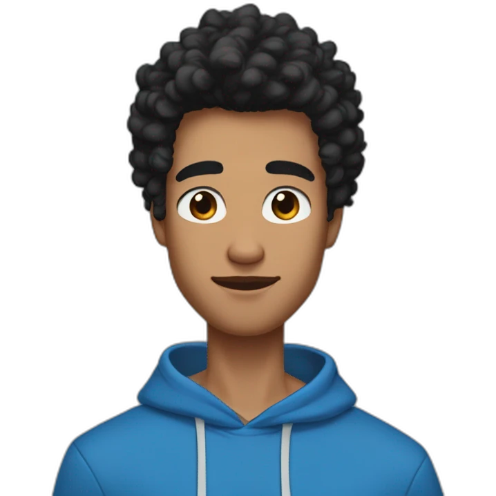 Tan skin with black fluffy tiktok hair and thick eyebrows young adult male wearing a blue hoodie and define jawline and thin nose emoji