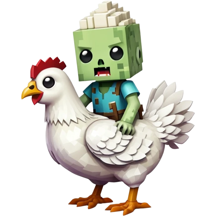 small square-shaped Minecraft baby zombie riding a tiny white chicken emoji