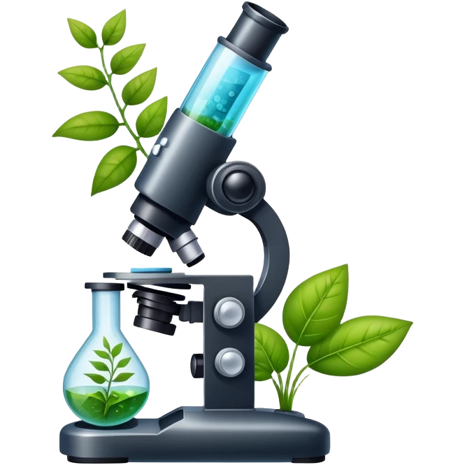 An icon featuring a microscope, a DNA strand, and plant leaves, symbolizing biology. The design includes cells, a test tube with a plant sample, representing life sciences, ecosystems, and the study of organisms. Transparent background highlights the exploration of living systems. emoji
