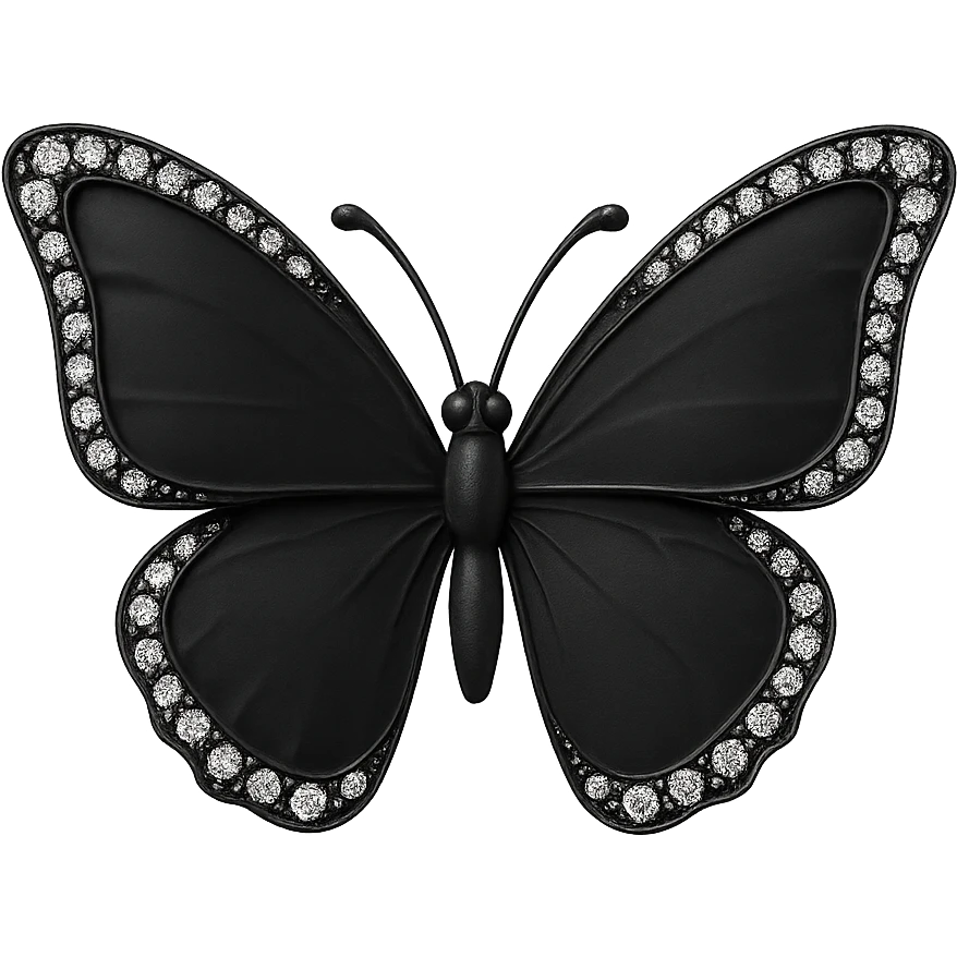 single matte black butterfly, matte black enamel, sparkling gems emoji