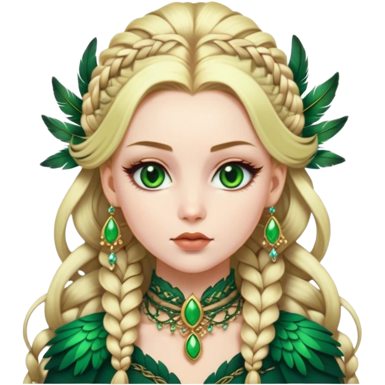 lady with Pale complexion, sharp features, high cheekbones, Blonde hair, green eyes, feathered ornaments, intricate braids with voluminous hairstyle emoji