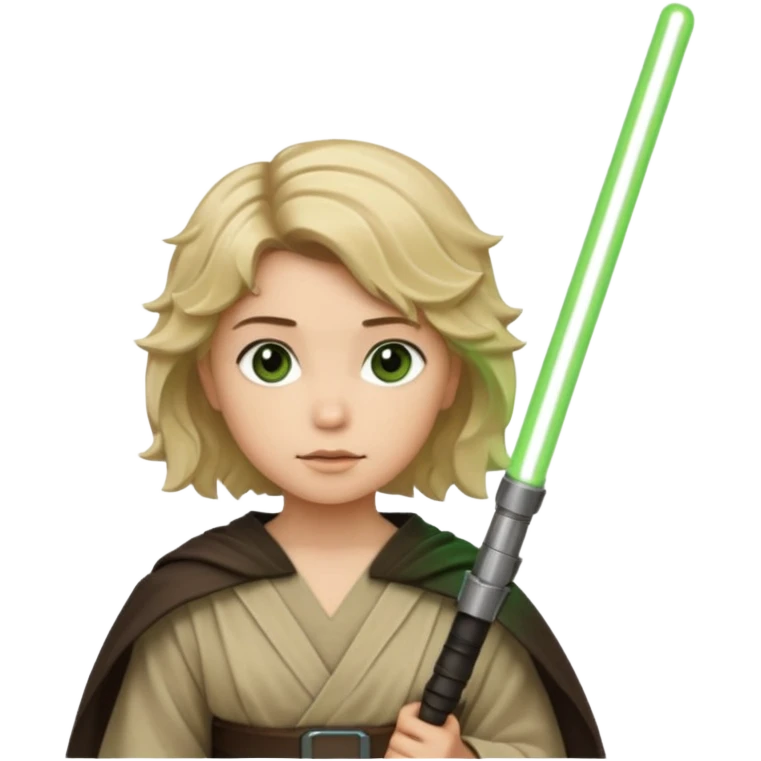 Young jedi with sandy blonde wavy short hair holding a green light saber, he has dark brown eyes emoji