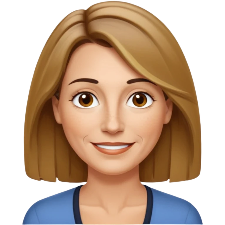 50 year old Caucasian woman with shoulder length brown hair and blond highlights and no bangs. Brown eyes with thin, black eyebrows. Medium size nose with a couple of freckles. Thin lips and slender shoulders. emoji