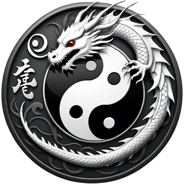 An icon symbolizing Eastern martial arts in the style of an emblem, featuring a black-and-white Yin-Yang symbol and a dragon at the center, surrounded by elements like a dojo. Transparent background highlights balance and power. emoji