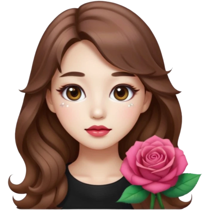 “korean brown hair Emoji girl, soft eyeliner, gradient rose lips, light brown shimmer eyeshadow, sparkly aegyo-sal, long wavy hair,  emoji