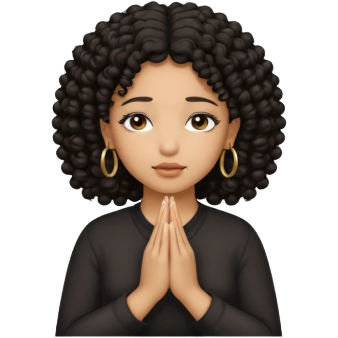 brown girl praying black curly hair and black eyes closed with gold hoop earrings emoji