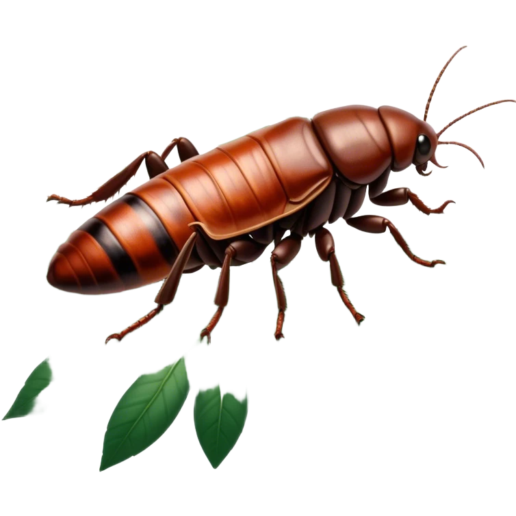 Giant Madagascar hissing cockroaches in their natural habitat, crawling over leaves and branches. Detailed close-up, highlighting their size, texture, and distinctive hissing feature. Soft, natural lighting and a transparent background. emoji