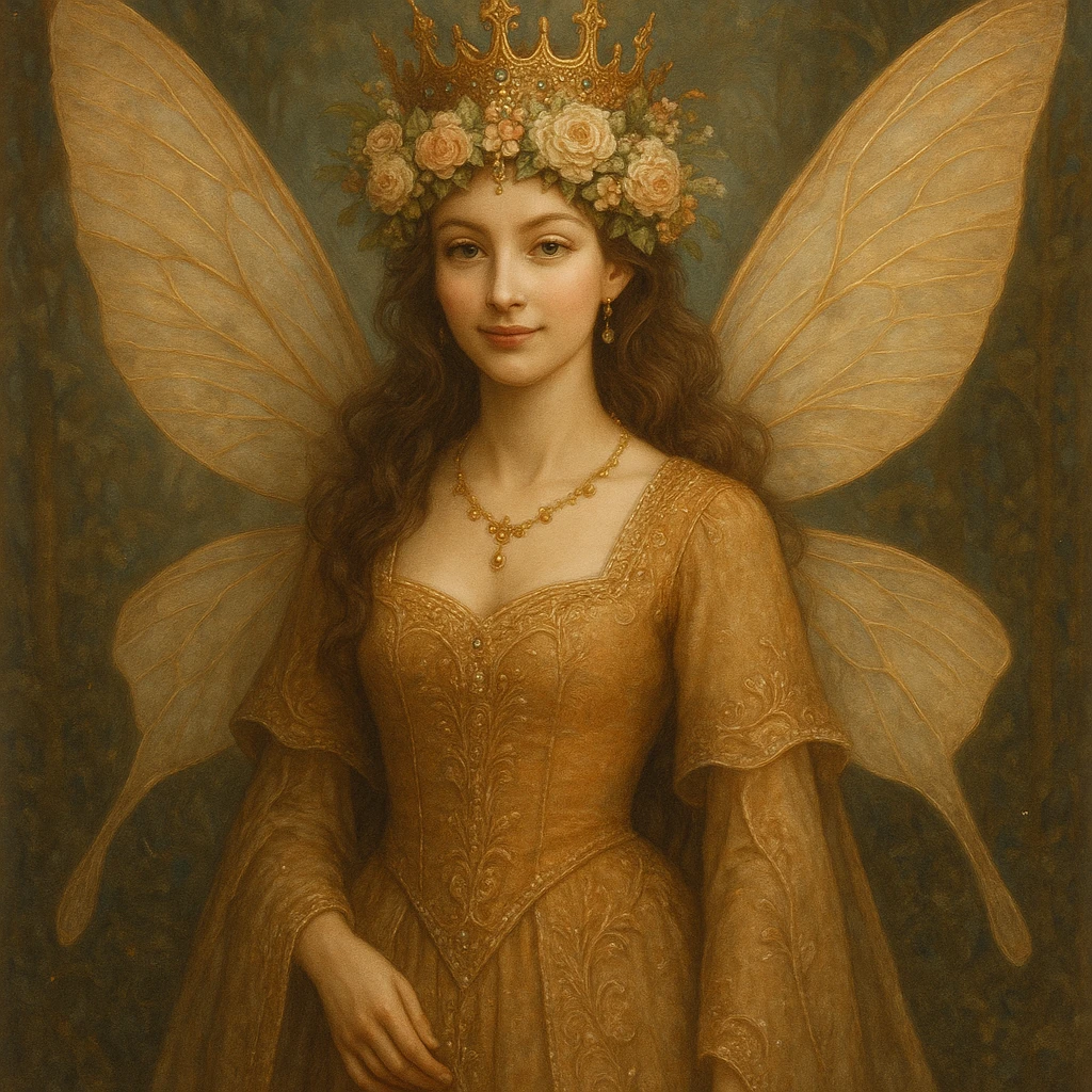regal fairy queen with crown of flowers, elegant wings, gentle smile, detailed fantasy art style emoji