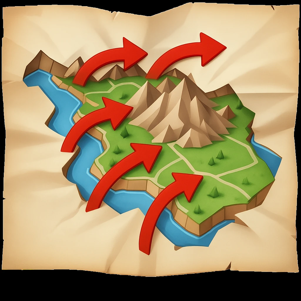 Add bold red arrows to the map, indicating an upcoming offensive attack strategy. Keep the emoji style and all original details. emoji