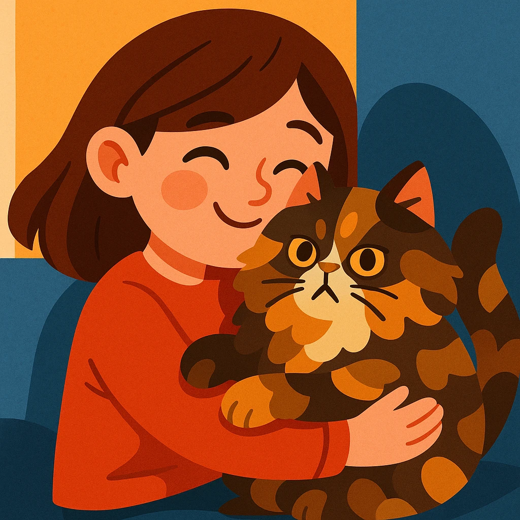 brunette girl hugging a fluffy tortoiseshell Persian cat, cartoon style, cozy and loving emoji