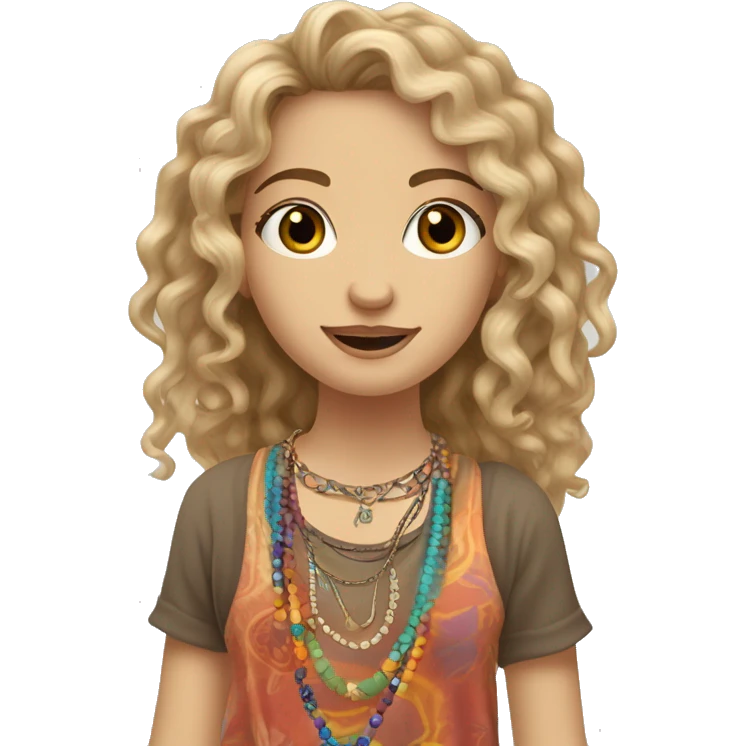 Caucasian hippie girl with curly dirty blonde hair, hazel eyes, baggy colorful pants and a tank top, lots of bohemian bracelets and jewelry emoji