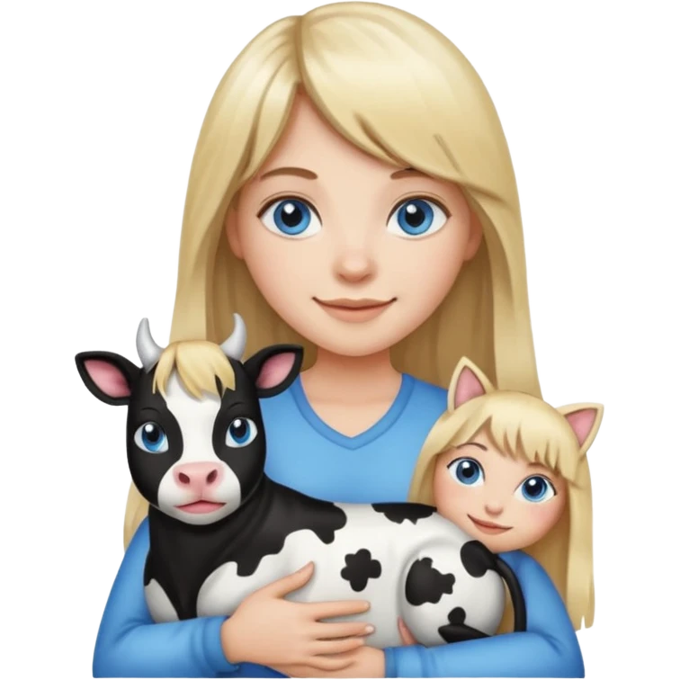 Apple-style emoji sticker of a young woman with long blond hair and straight bangs, blue eyes , holding a black-and-white cow-pattern cat on her chest, both smiling.  emoji