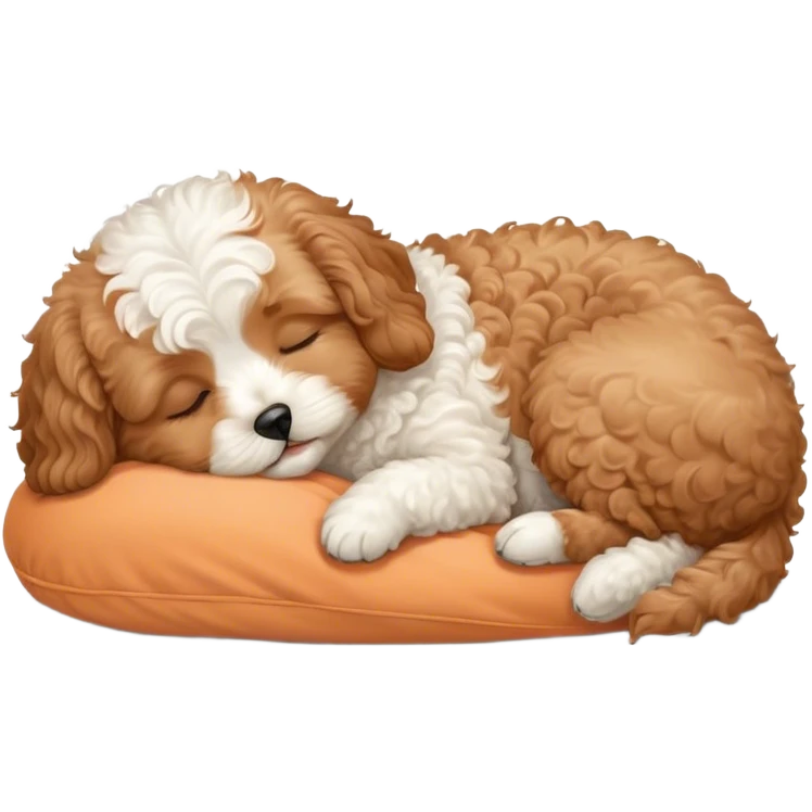 Cinematic Meme-Worthy Chubby Sleeping Cavoodle Portrait Emoji, Head resting peacefully with a contented smile, showcasing a delightfully chubby build and a luxuriously soft, curly apricot coat with gentle white accents, eyes shut in a serene nap, Simplified yet hilariously adorable features, highly detailed, glowing with a soft, drowsy light, high shine, relaxed and utterly lovable, stylized with an air of playful laziness, bright and heartwarming, soft glowing outline, capturing the essence of a comically sleepy Cavoodle, so meme-worthy it feels like it could instantly become the next viral sensation of adorable slumber! emoji