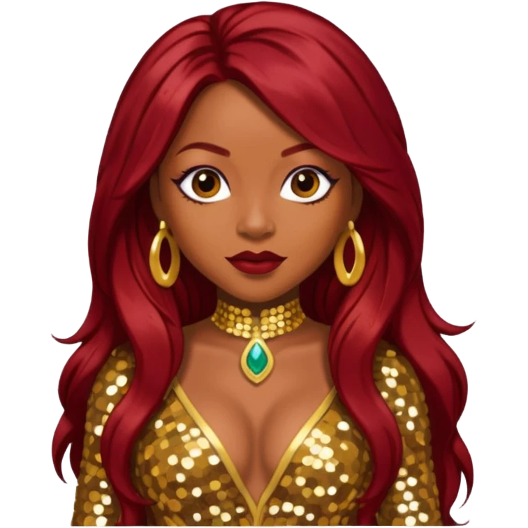 LaTavia Robeson with long dark red hair, gold sequin outfit emoji