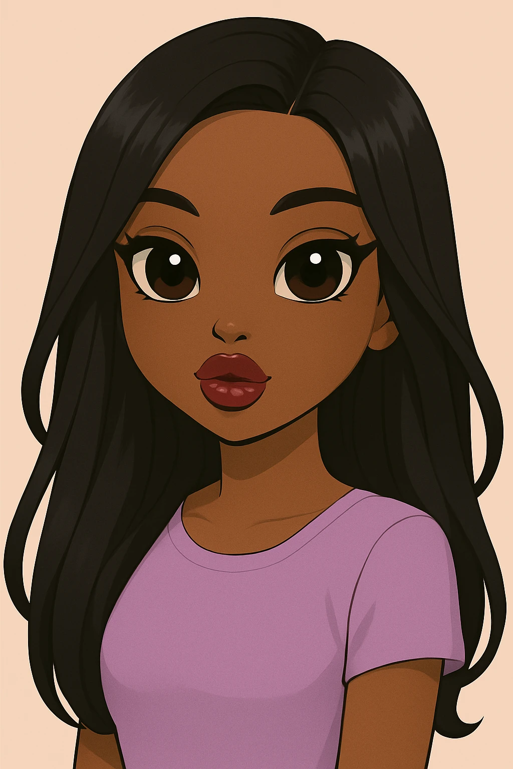 Change her expression to dreamy, headshot only, 20-year-old anime Bratz style woman with dark skin, straight hair, more casual outfit, big expressive eyes, glossy lips, no hat, no tears, looking straight ahead. The style should reflect anime Bratz aesthetics with emphasis on big expressive eyes and glossy lips. emoji