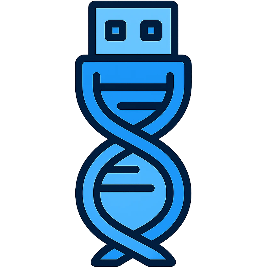 Make the DNA/USB logo icon blue, keep cybernetic and tech-inspired look in color outline style. emoji