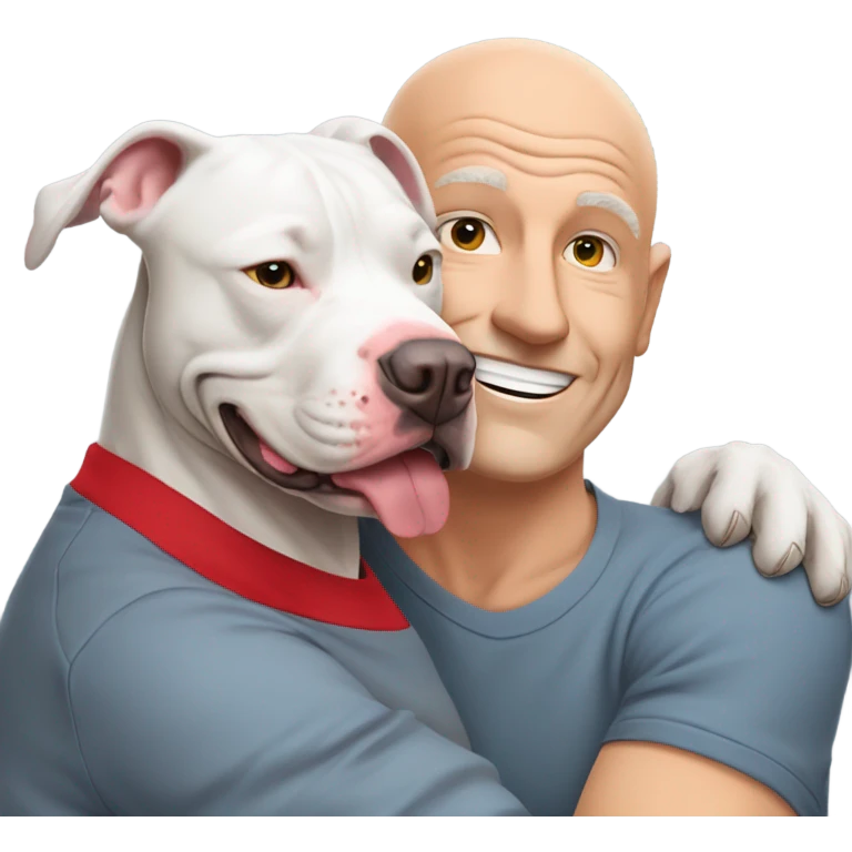 large gray male pit bull smiling and hugging bald white mature man no beard with red tshirt emoji