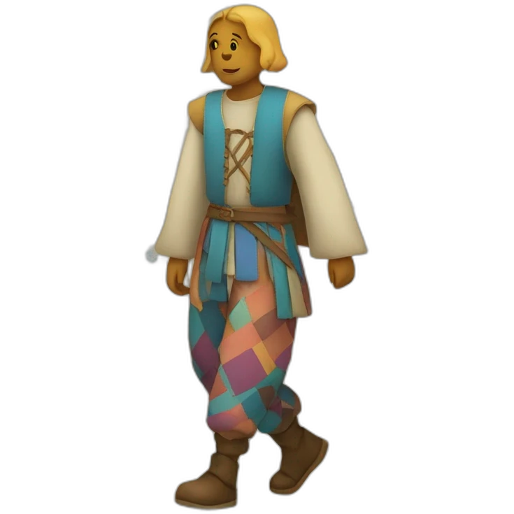 person wearing colorful pattern wide pants, walking, medieval emoji